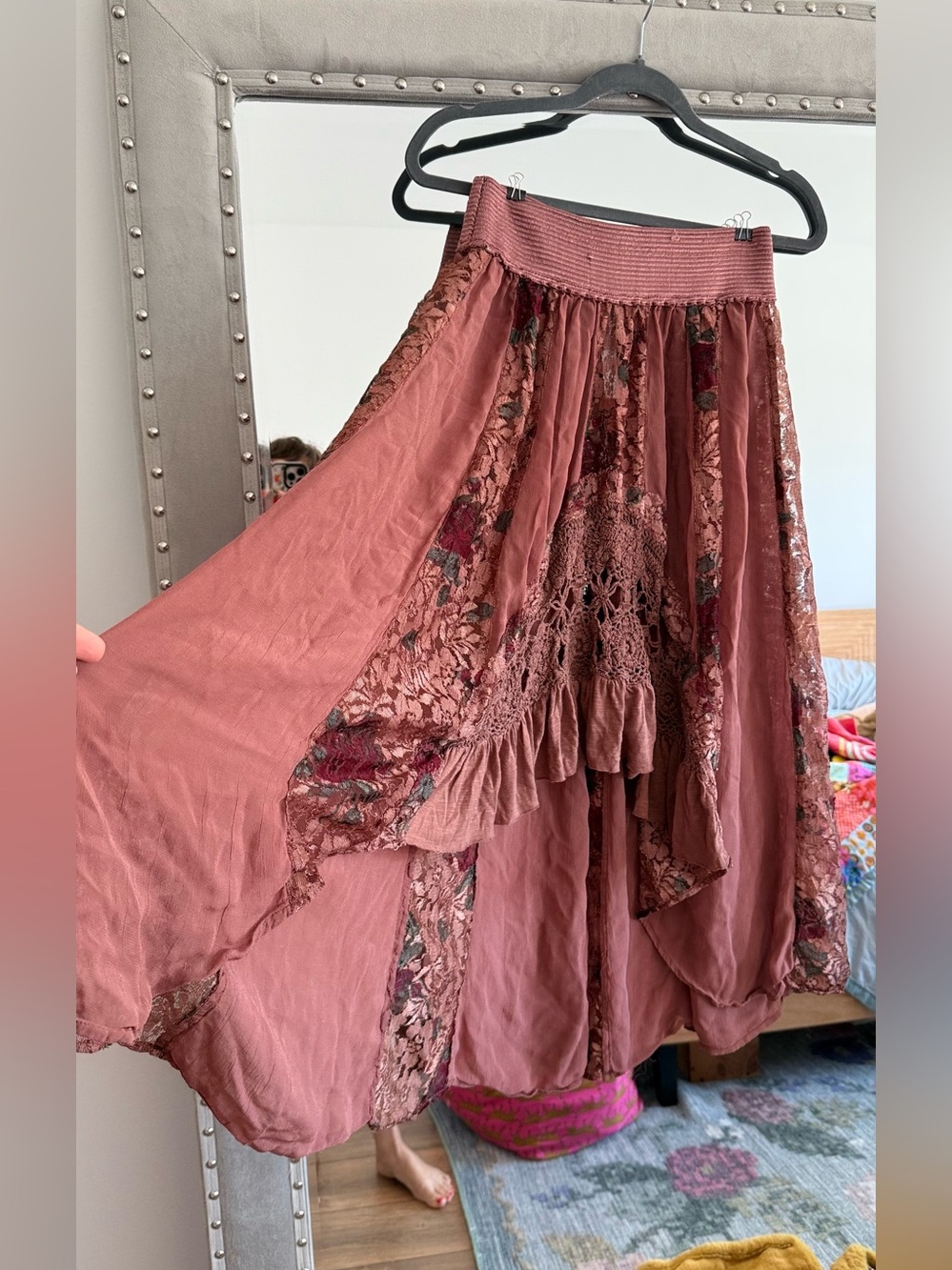 Free People New Romantics Brown Lace Crochet High Low Ruffle Skirt M